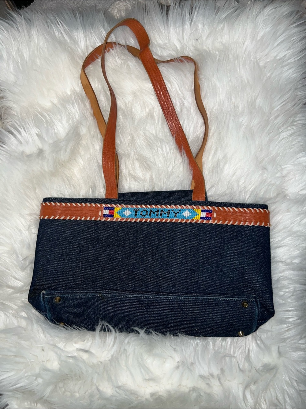 Tommy Hilfiger Navy Denim Tote with Brown Leather Straps and Beaded Accent